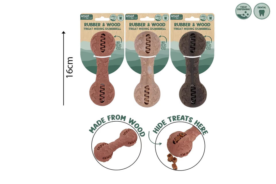 WOOD & RUBBER DUMBBELL DOG TOY